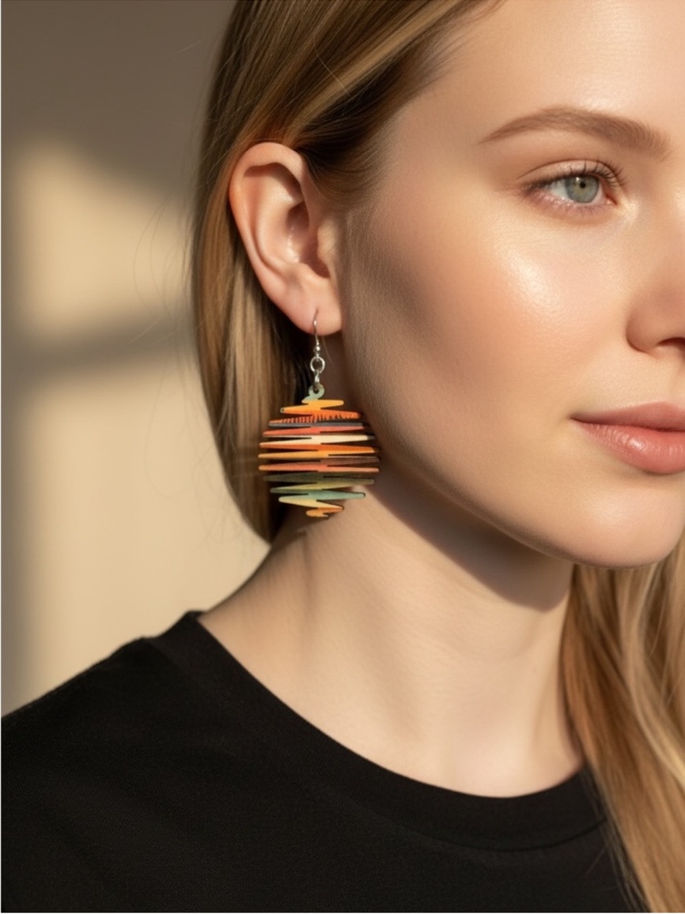 Handcrafted Orange & Green Wooden Drop Earrings - NWT